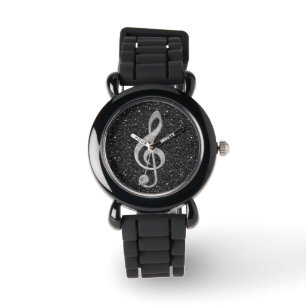 Cool silver glitter shining effects treble clef watch