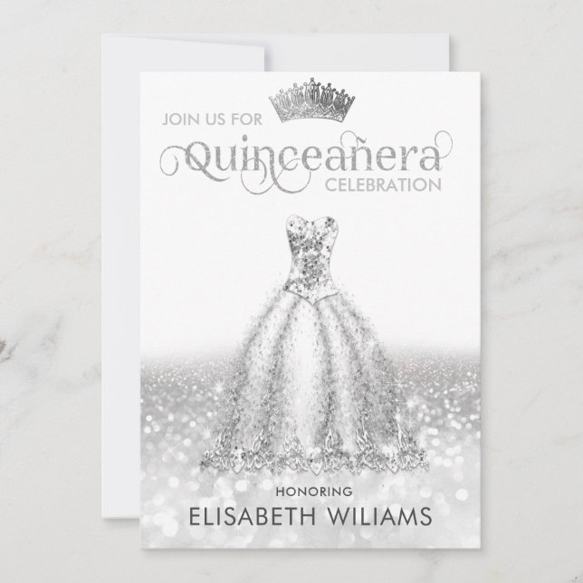 Cool Silver glittery dress  tiara Quinceañera  Invitation (Front)