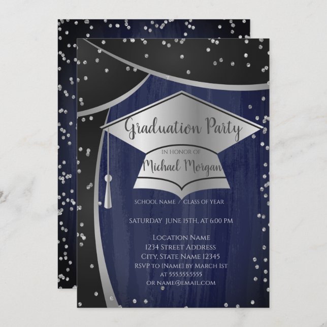 Cool Silver Graduation Cap,Diamonds Graduation Invitation (Front/Back)