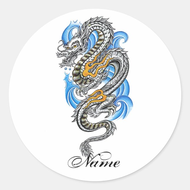 Cool Silver Oriental Dragon tattoo Classic Round Sticker (Front)