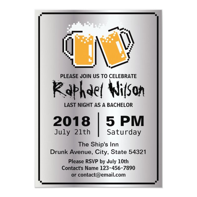 Cool Silver Pixel Beers Bachelor Party Invitation