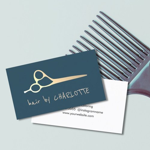 Cool Simple Blue Faux Gold Scissors Hair Stylist Business Card