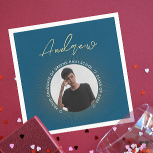 Cool Simple Blue Gold Modern Typography Grad Photo Napkins