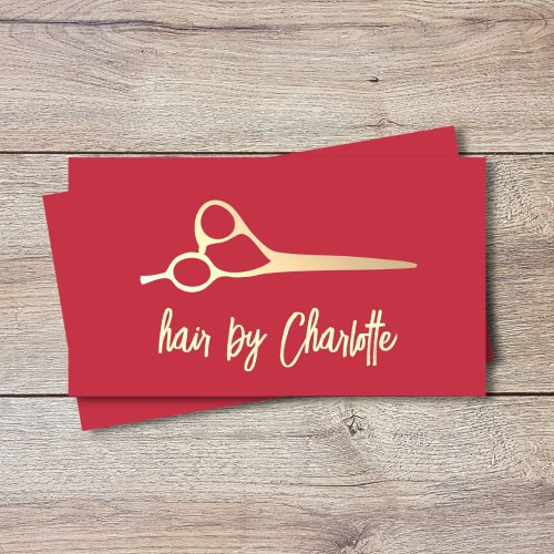 Cool Simple Red Faux Gold Scissors Hair Stylist Business Card