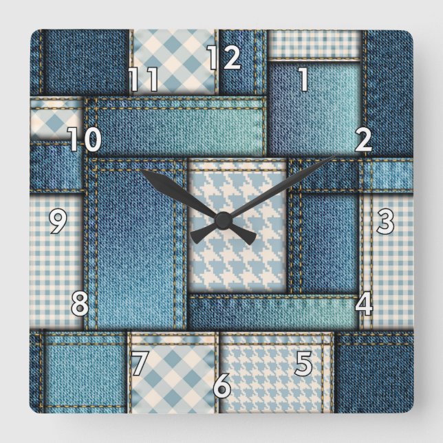 Cool Simulated Blue Denim Fabric Square Wall Clock (Front)