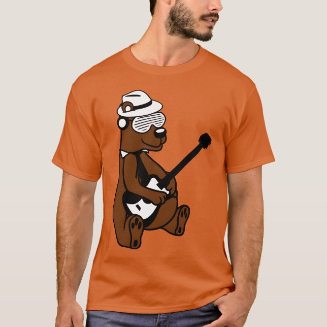 Cool Sitting Grizzly Brown Bear Playing Guitar Fun T-Shirt (Front)