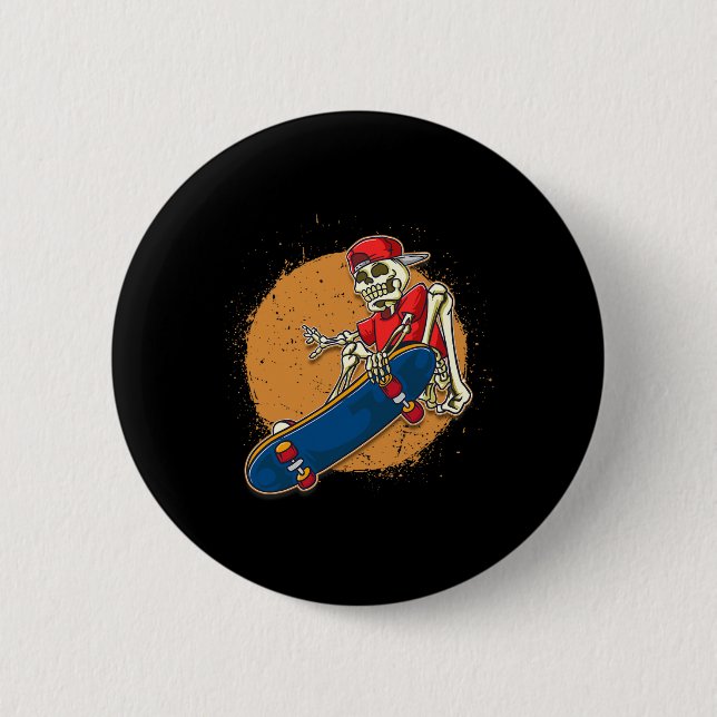 Cool Skateboard Art Skeleton Skateboarding Kickfli Button (Front)