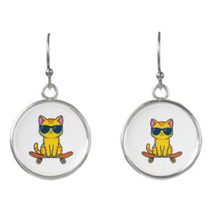 Cool Skateboarding Cat Wearing Sunglasses Cartoon Earrings