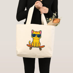 Cool Skateboarding Cat Wearing Sunglasses Cartoon Large Tote Bag