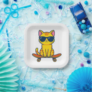 Cool Skateboarding Cat Wearing Sunglasses Cartoon Paper Plates