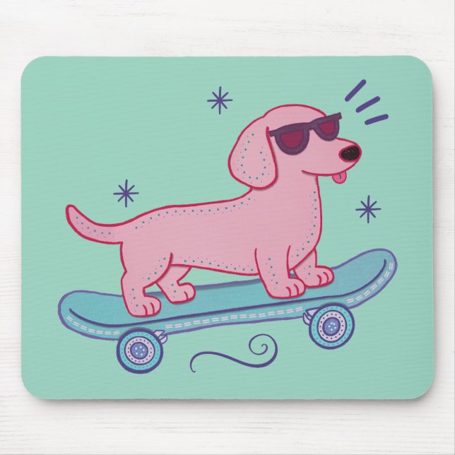 Cool Skateboarding Dachshund | Funny Dog Art Mouse Pad (Front)