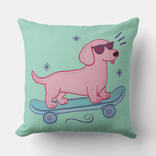 Cool Skateboarding Dachshund Funny Dog Art Throw Pillow