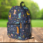 Cool Skateboarding Dinosaur Personalized Kids Name Printed Backpack<br><div class="desc">Super fun backpack featuring dinosaurs on skateboards and scooters and your child's name. Add an extra bonus line of text - phone number, team name, saying, etc. - or delete. Roomy enough for books, computer, sports gear and more - or use as a travel or sleepover bag too. Cool and...</div>