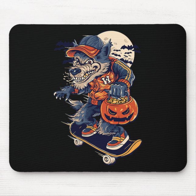 Cool Skateboarding Wolf Carrying A Halloween Pumpk Mouse Pad (Front)