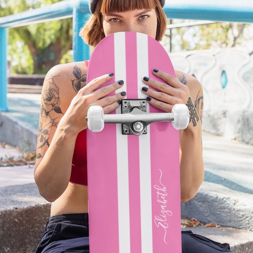 Cool Skater Girl Girly Pink White Racing Stripes Skateboard