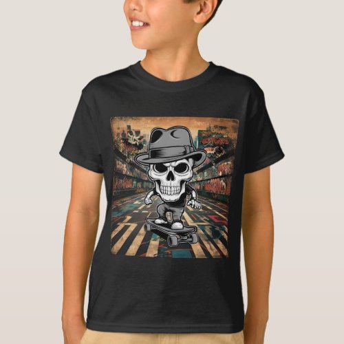 Cool Skater Skeleton Kids T_Shirt