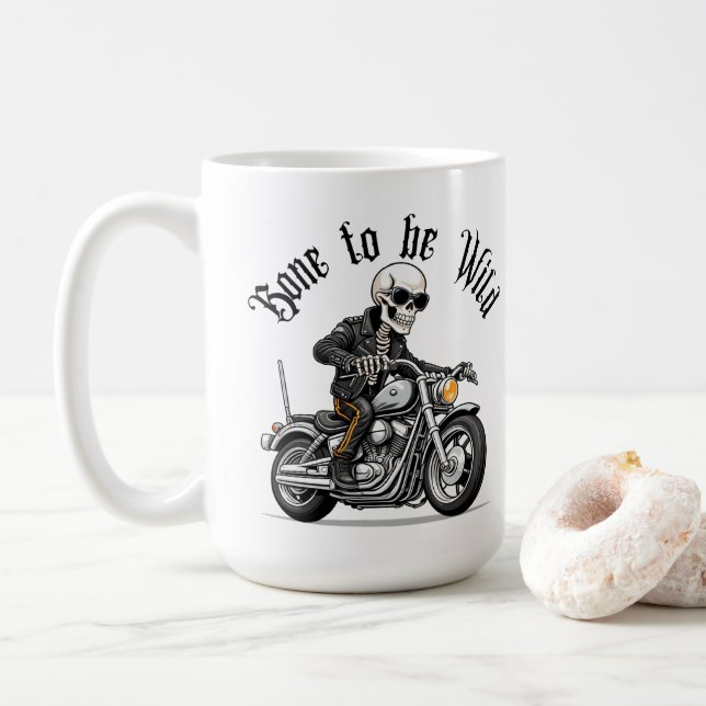 Cool Skeleton Bone to be Wild Riding a Motorcycle  Coffee Mug (With Donut)