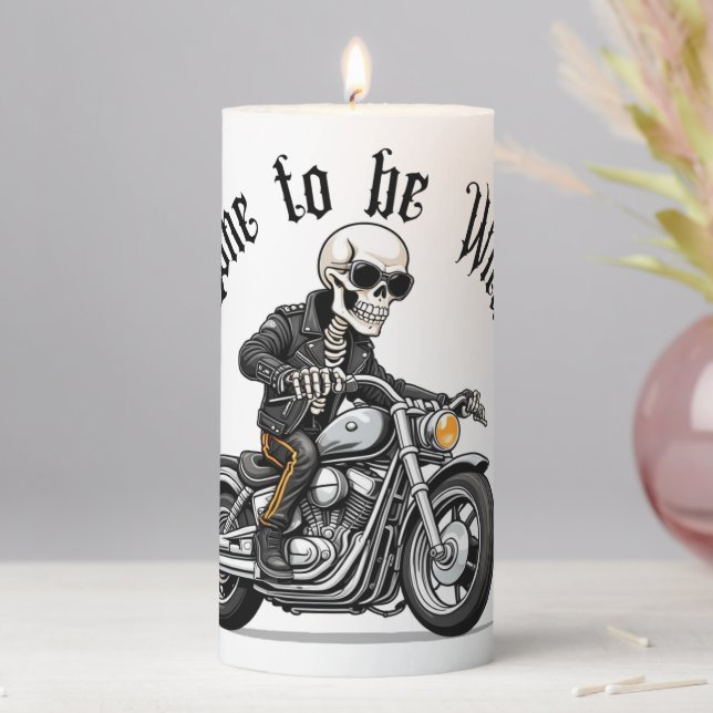 Cool Skeleton Bone to be Wild Riding a Motorcycle  Pillar Candle (In Situ)