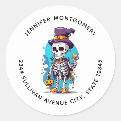 Cool Skeleton in a Top Hat Halloween Address Classic Round Sticker