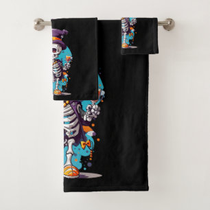 Cool Skeleton in a Top Hat Halloween Bath Towel Set