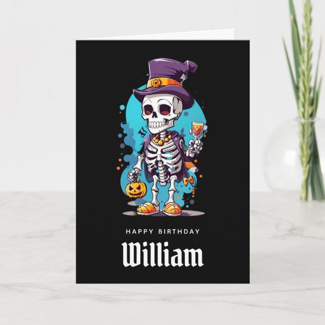 Cool Skeleton in a Top Hat Halloween Birthday Card (Front)