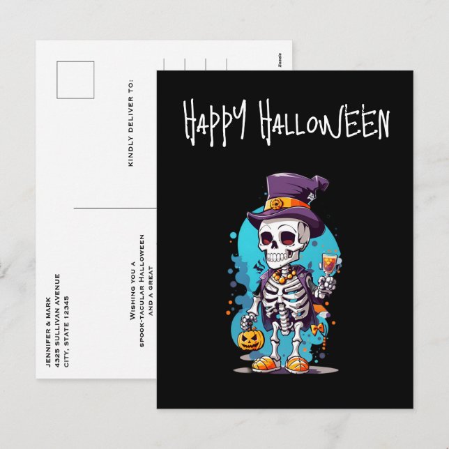Cool Skeleton in a Top Hat Halloween Holiday Postcard (Front/Back)