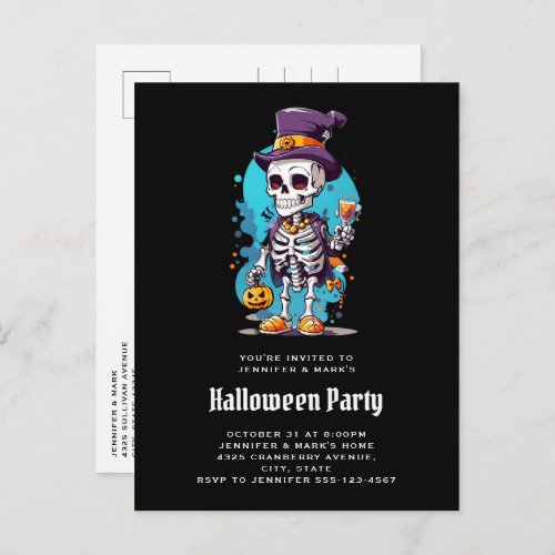 Cool Skeleton in a Top Hat Halloween Invitation Postcard