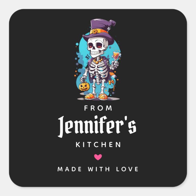Cool Skeleton in a Top Hat Halloween Kitchen Square Sticker (Front)