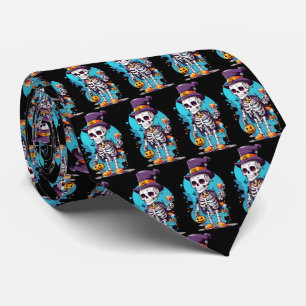 Cool Skeleton in a Top Hat Halloween Pattern Neck Tie