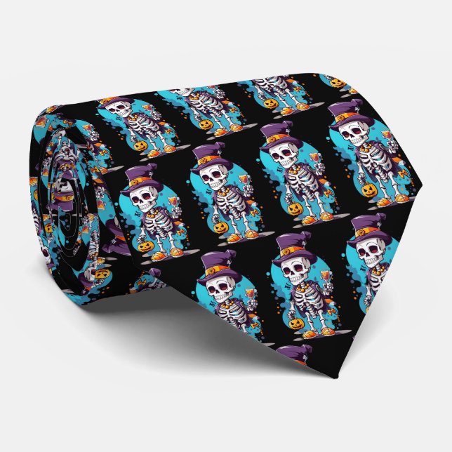Cool Skeleton in a Top Hat Halloween Pattern Neck Tie (Rolled)