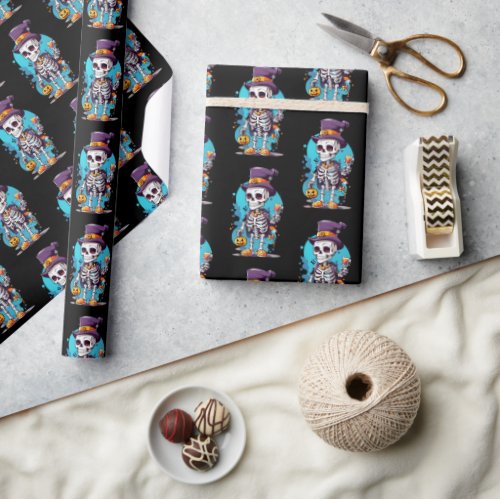 Cool Skeleton in a Top Hat Halloween Pattern Wrapping Paper