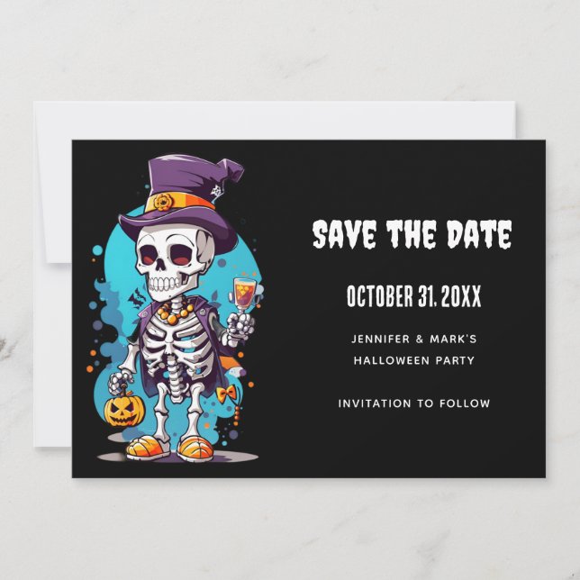 Cool Skeleton in a Top Hat Halloween Save The Date (Front)