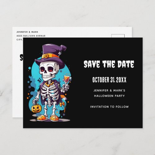 Cool Skeleton in a Top Hat Halloween Save the Date Invitation Postcard