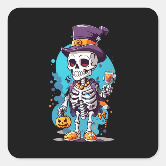 Cool Skeleton in a Top Hat Halloween Square Sticker (Front)