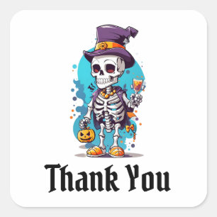 Cool Skeleton in a Top Hat Halloween Thank You Square Sticker