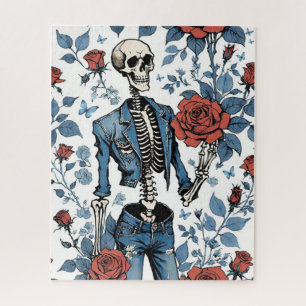 Cool Skeleton In Jean Jacket with Red Roses Jigsaw Puzzle