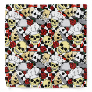 Cool Skeleton Skulls in Chef Hats and Red Roses Bandana