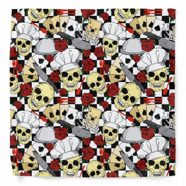 Cool Skeleton Skulls in Chef Hats and Red Roses Bandana (Front)