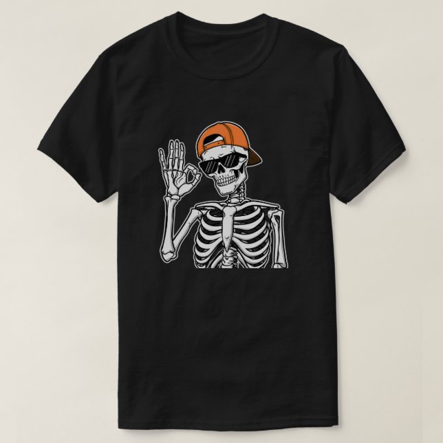 Cool Skeleton with Orange Cap | Hip-Hop Halloween  T-Shirt (Design Front)