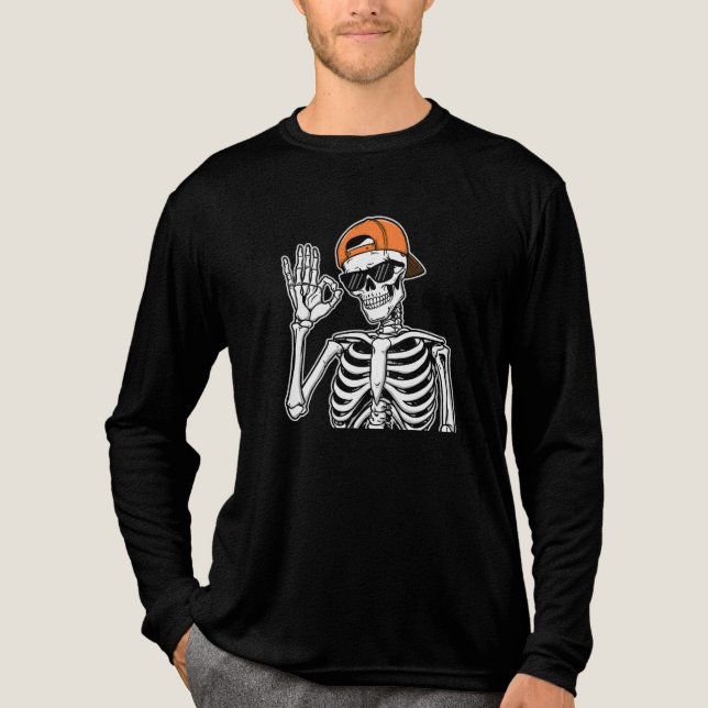 Cool Skeleton with Orange Cap | Hip-Hop Halloween Tri-Blend Shirt (Front)