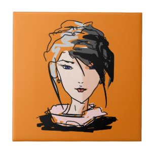 Cool Sketched Woman - Artistic Cartoon Character  Ceramic Tile
