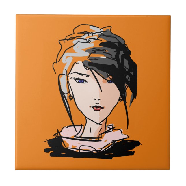 Cool Sketched Woman - Artistic Cartoon Character  Ceramic Tile (Front)