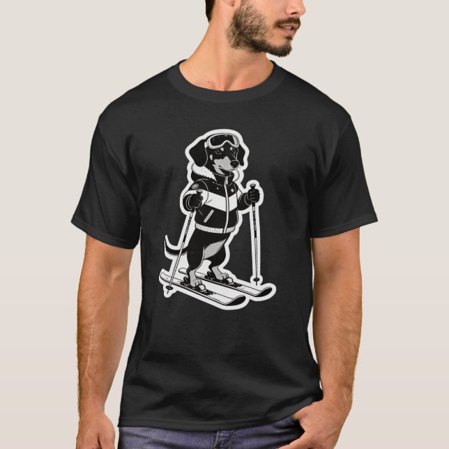 Cool Ski Dog Black and White Cartoon T-Shirt (Front)