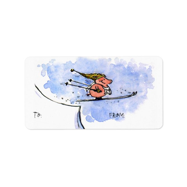 Cool Ski Jumping Pig Winter Holiday Gift Labels (Front)