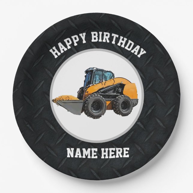 Cool Skid Steer Heavy Equipment Machinery Birthday Paper Plates (Front)