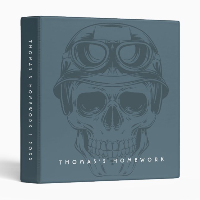 Cool Skull Dark Blue Personalized School 3 Ring Binder (Front/Spine)