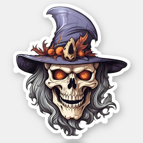 Cool Skull Wearing A Witches Hat Halloween Witch Sticker