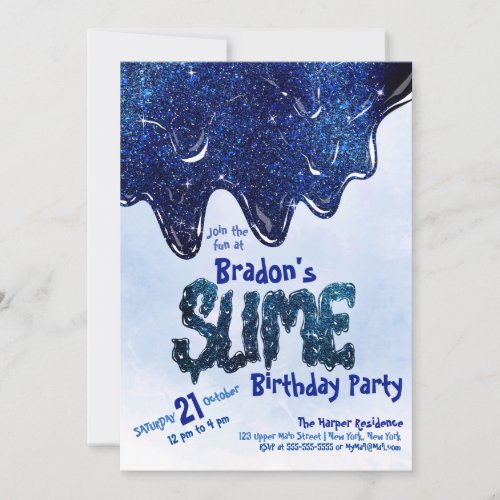Cool Slate Blue Sparkly Glitter Slime Birthday Invitation
