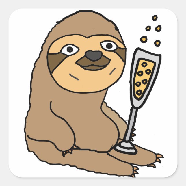 Cool Sloth Drinking Champagne Cartoon Square Sticker (Front)