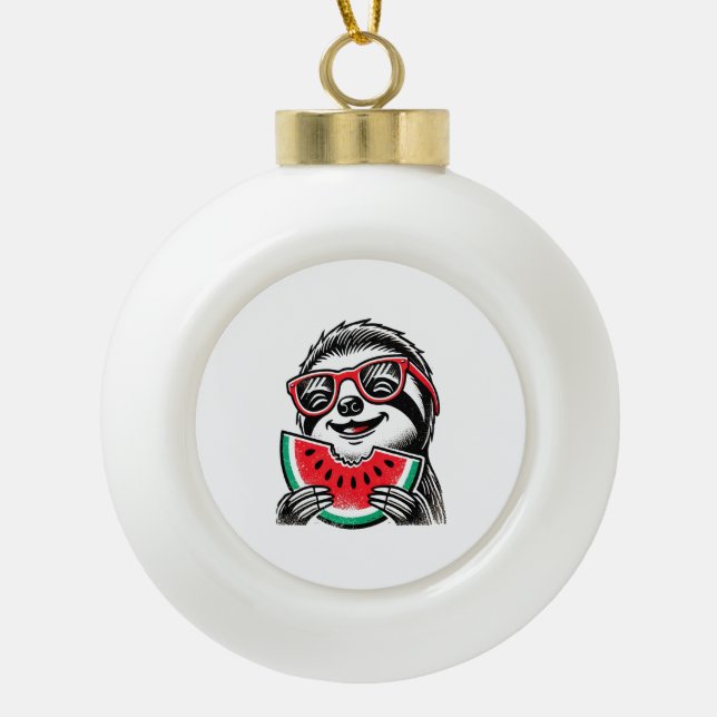Cool Sloth Eating Watermelon Ceramic Ball Christmas Ornament (Front)